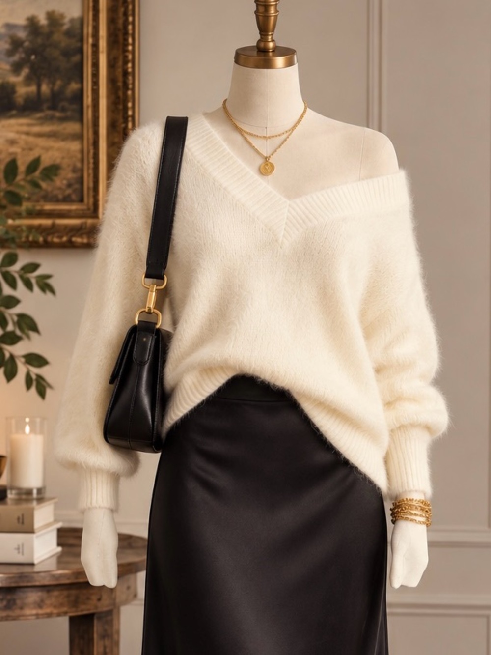 Boston Proper White Solid V-Neck Fuzzy Eyelash Sweater Size Large
